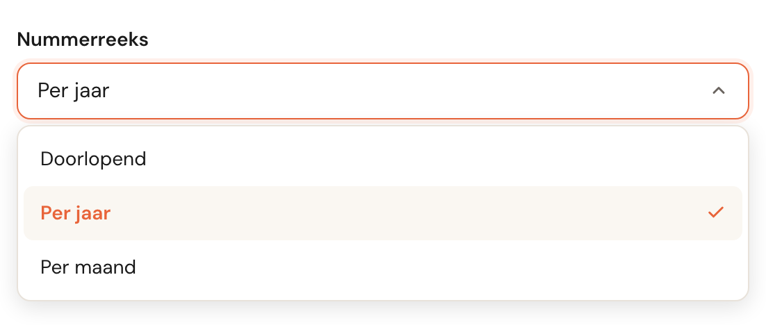 De lijst Nummerreeks opengeklapt: Doorlopend, Per jaar en Per maand.