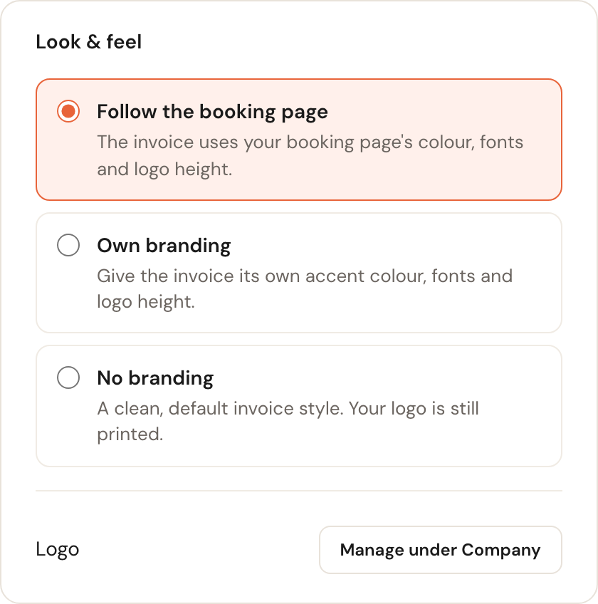 The Look and feel block with three choices: Follow the booking page, Own branding and No branding.