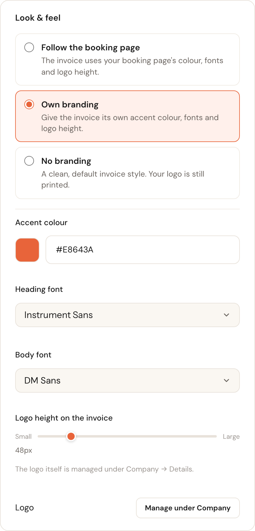 Own branding selected, showing fields for accent colour, heading font, body font and logo height.