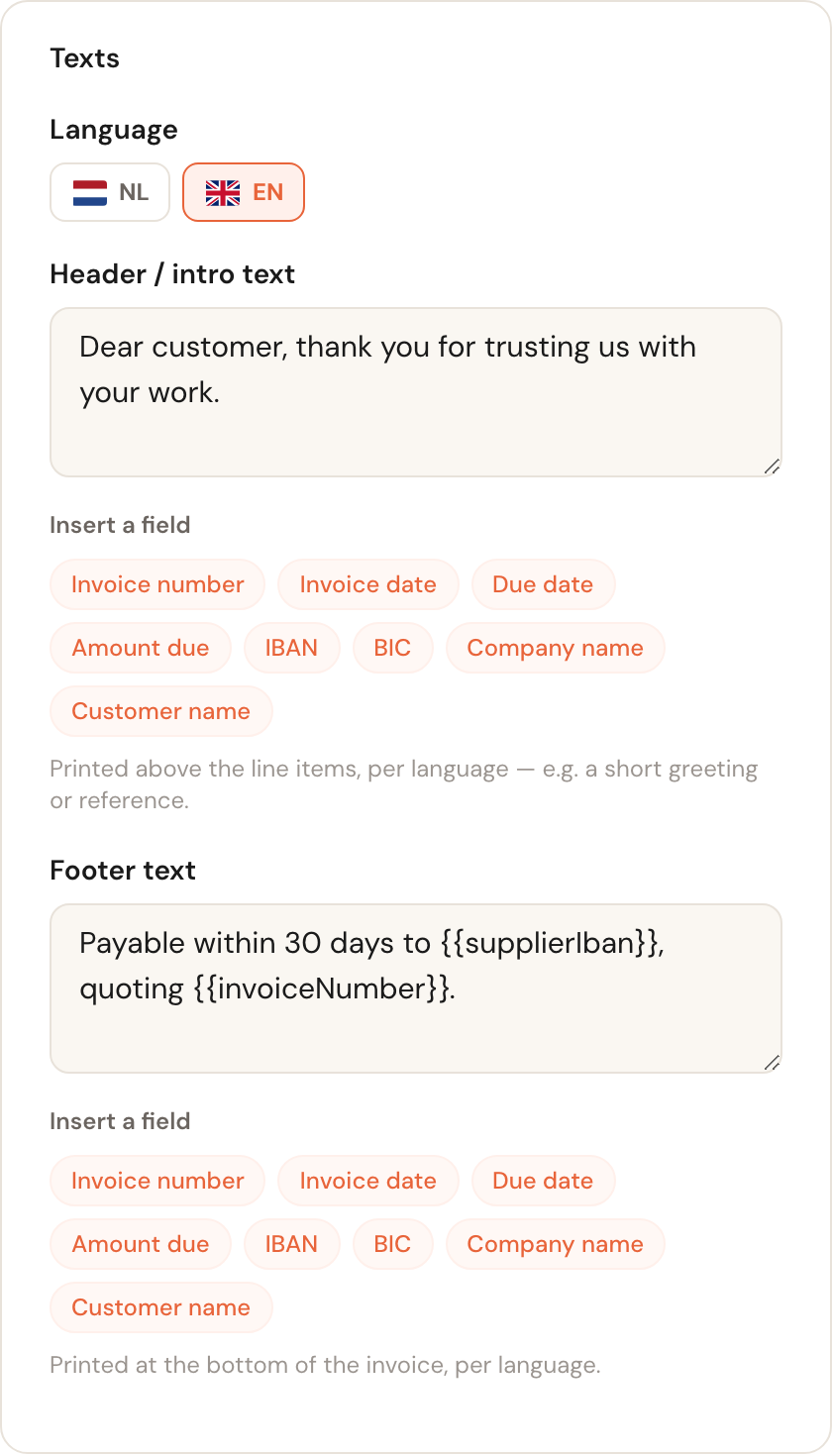 The Texts block with a language picker, a header/intro text and a footer text, each with buttons to insert a field.