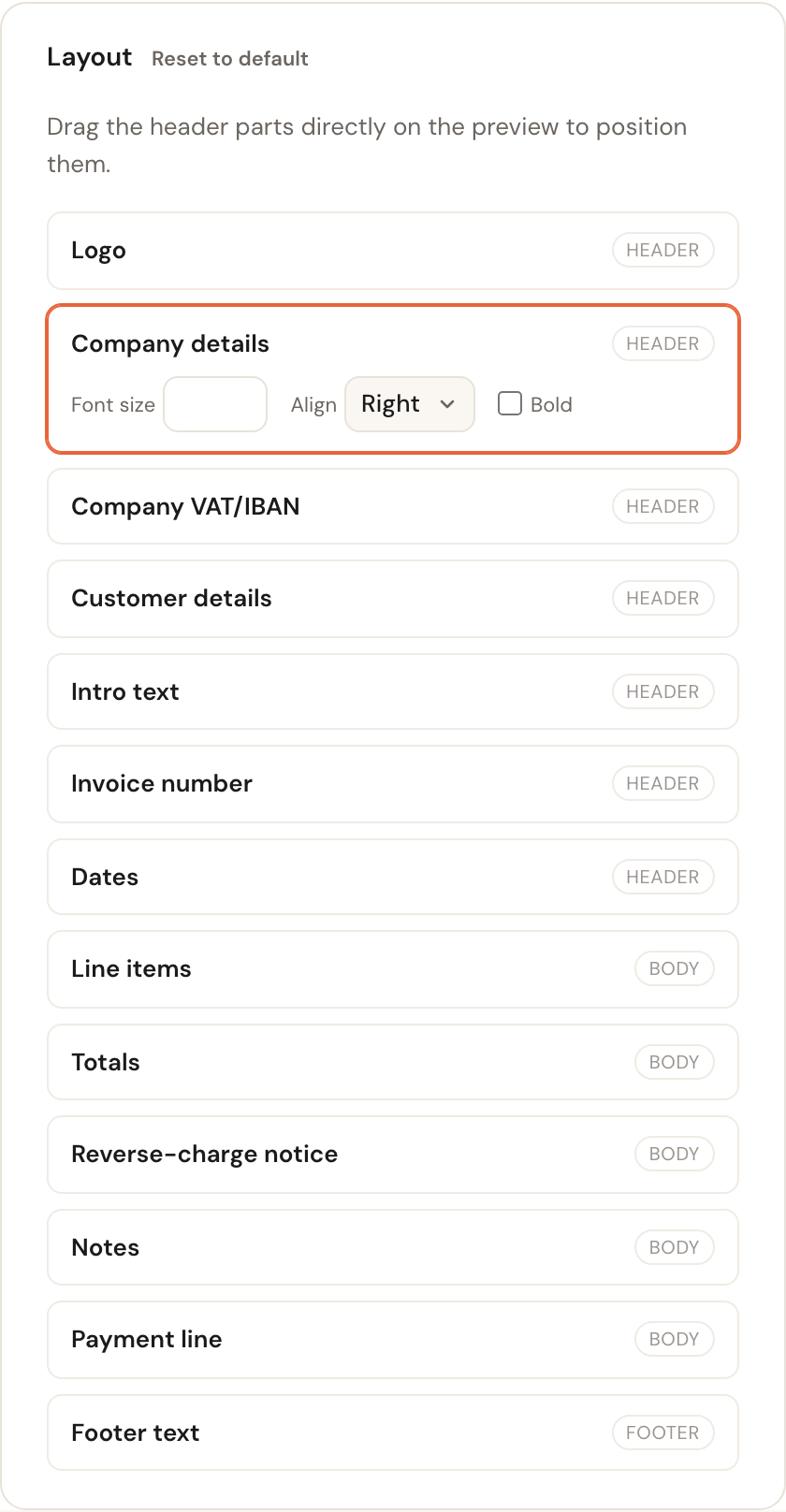 The list of invoice parts, each with a zone, and the selected part showing font size, alignment and bold controls.