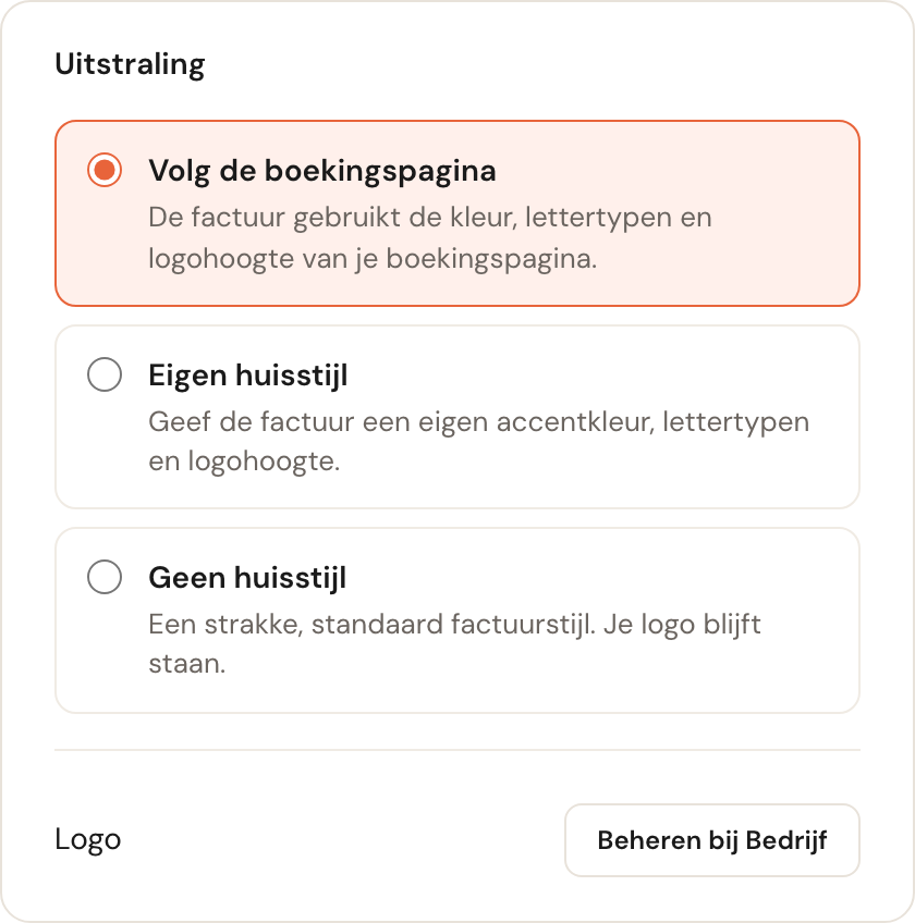 Het blok Uitstraling met drie keuzes: Volg de boekingspagina, Eigen huisstijl en Geen huisstijl.