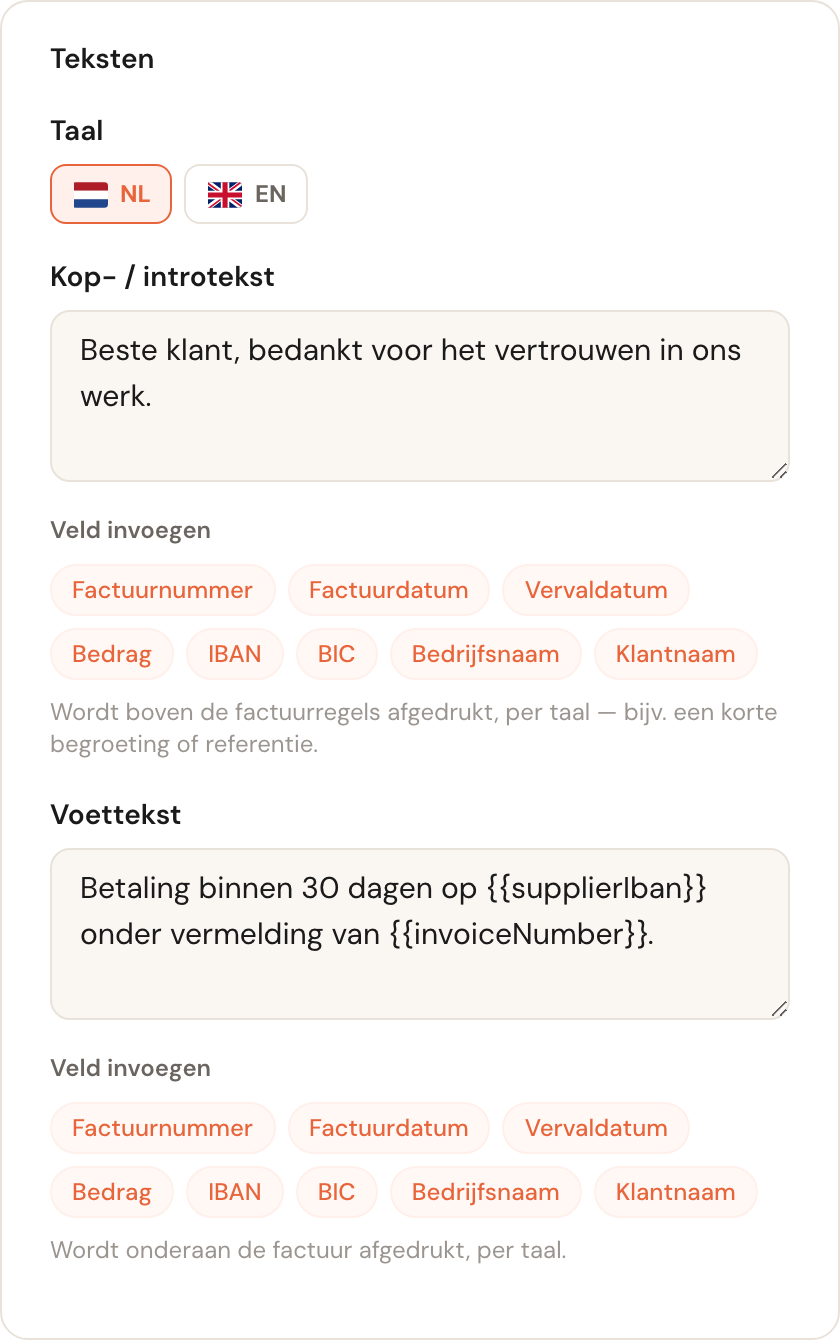 Het blok Teksten met een taalkeuze, een kop-/introtekst en een voettekst, elk met knoppen om een veld in te voegen.