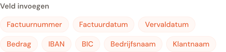 De knoppenrij Veld invoegen met Factuurnummer, Factuurdatum, Vervaldatum, Bedrag, IBAN, BIC, Bedrijfsnaam en Klantnaam.