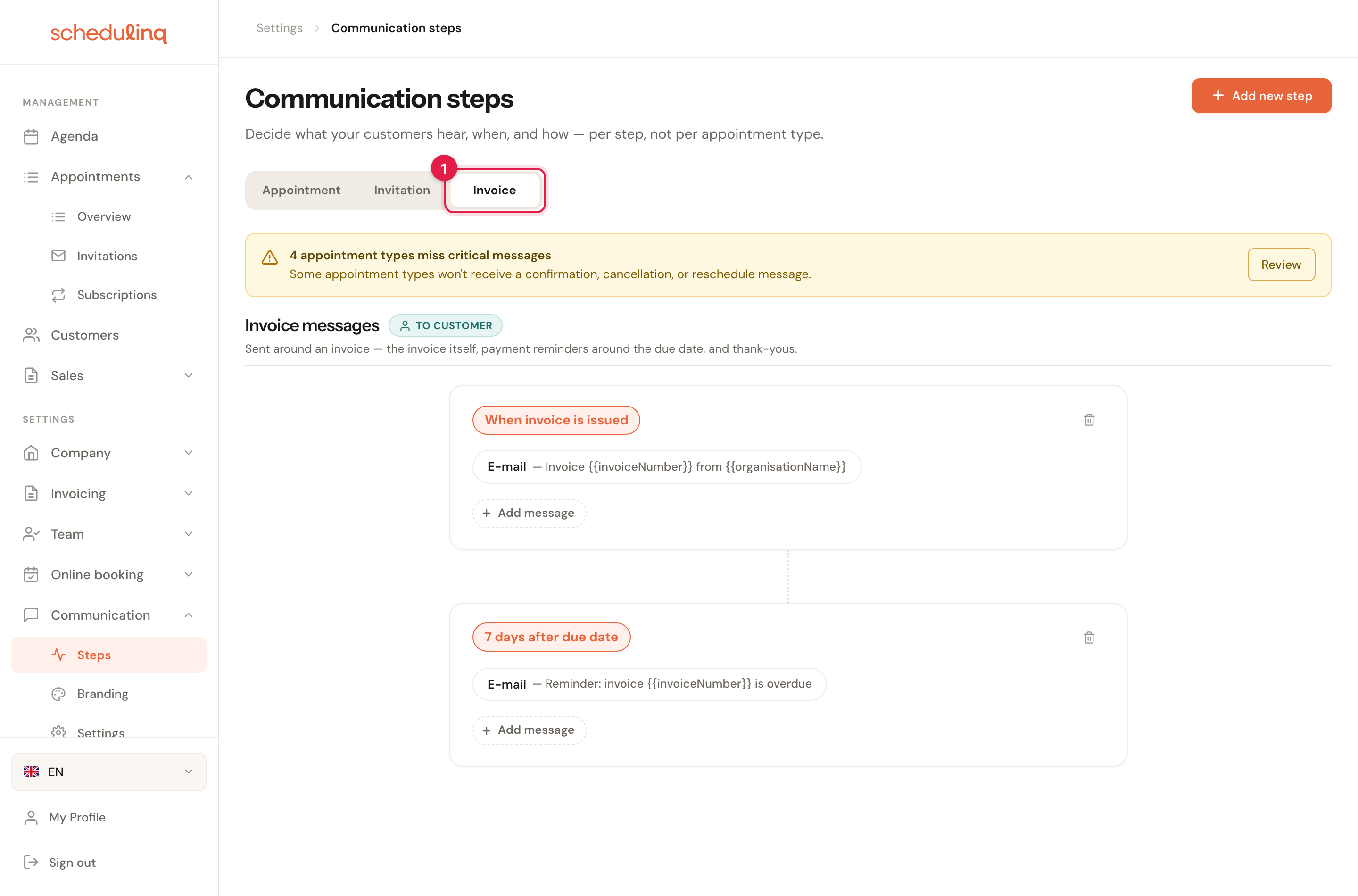 The Communication steps page with the Invoice tab selected.