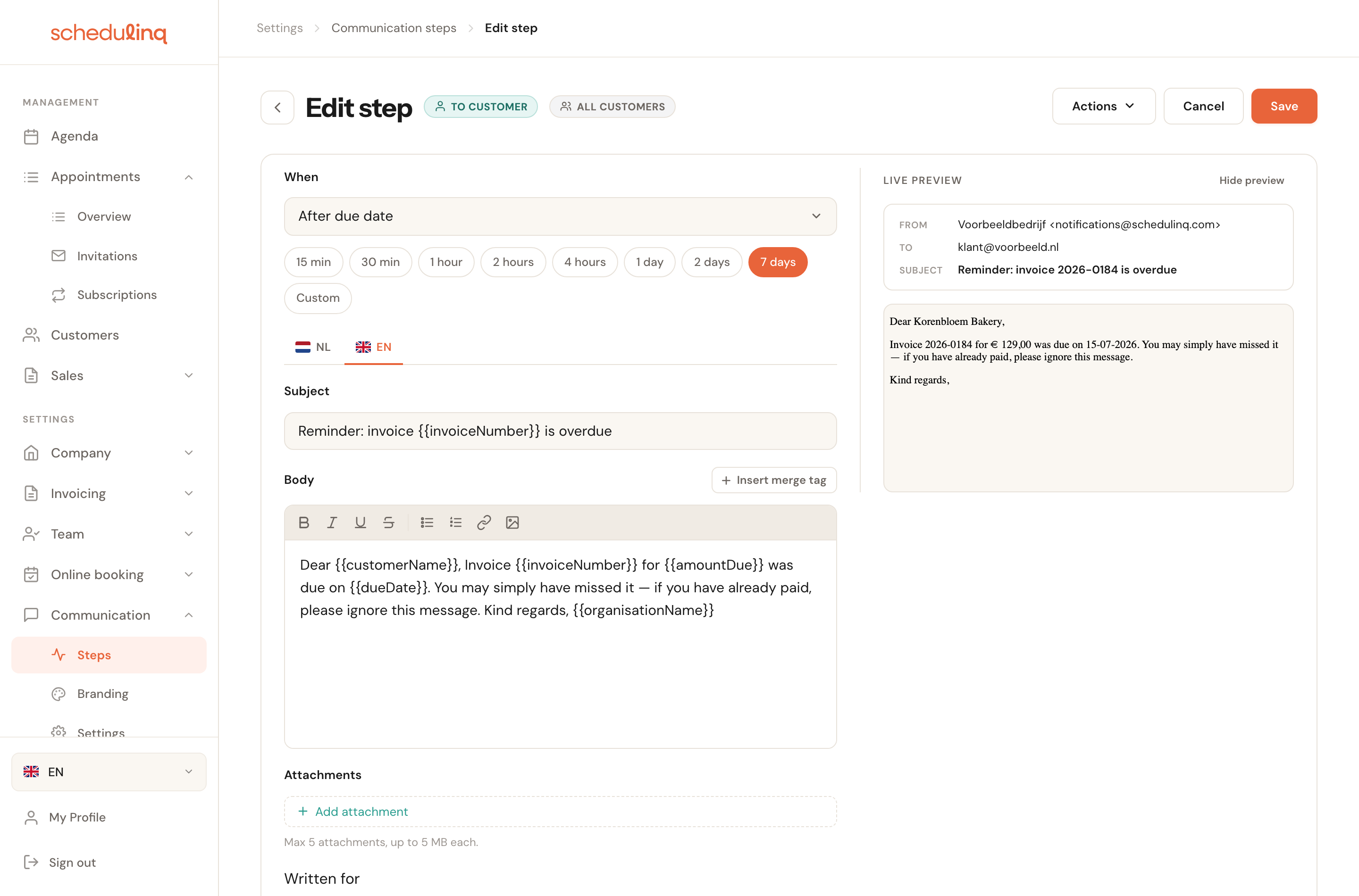 The opened step showing the When field, the day options, subject, message and a live preview.