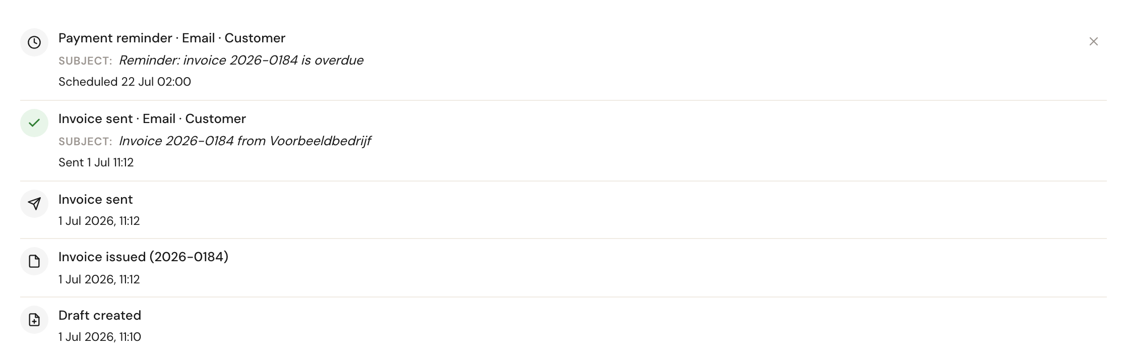 An invoice activity timeline showing a scheduled payment reminder and a sent invoice email.