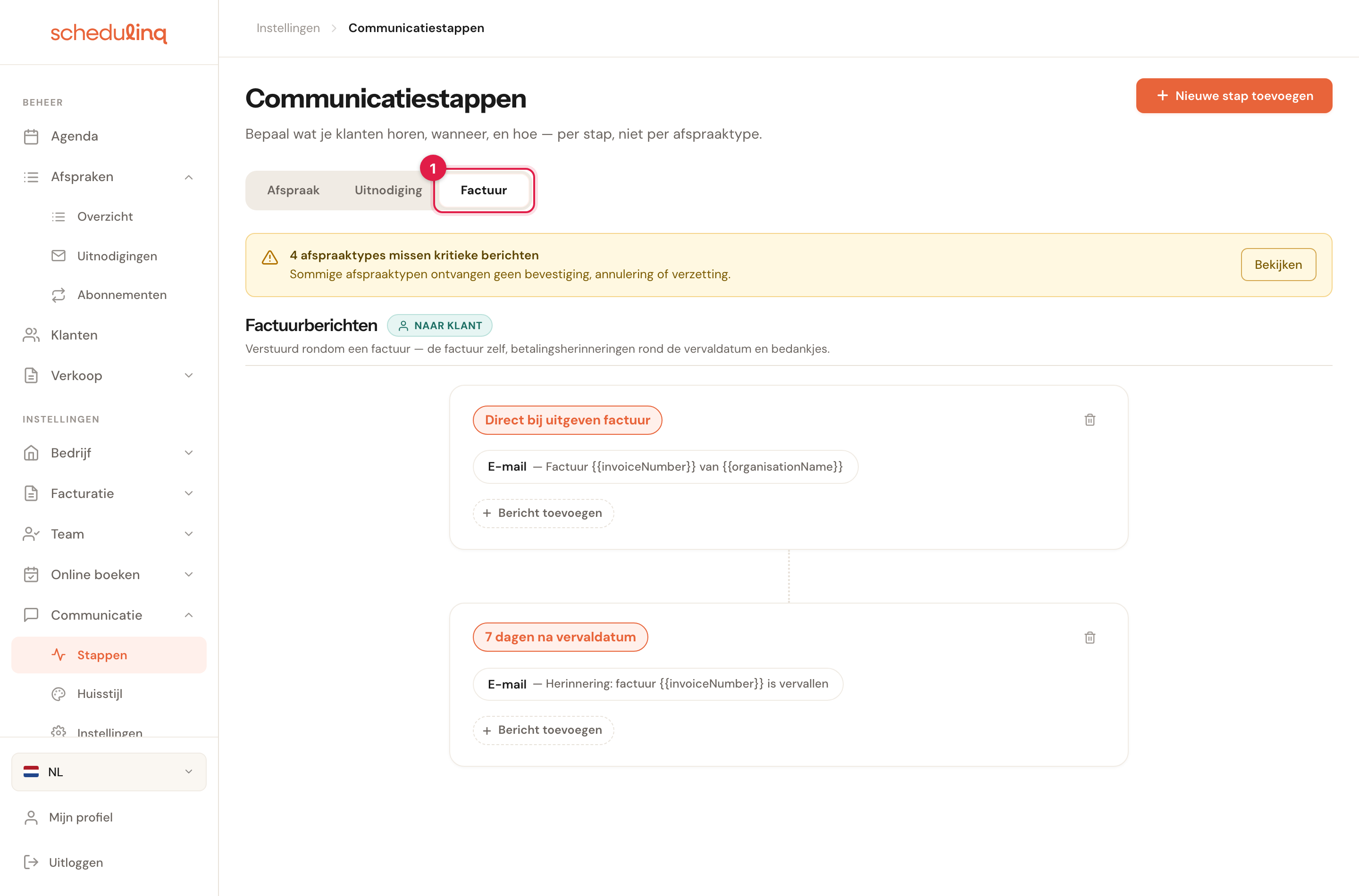 De pagina Communicatiestappen met het tabblad Facturatie geselecteerd.