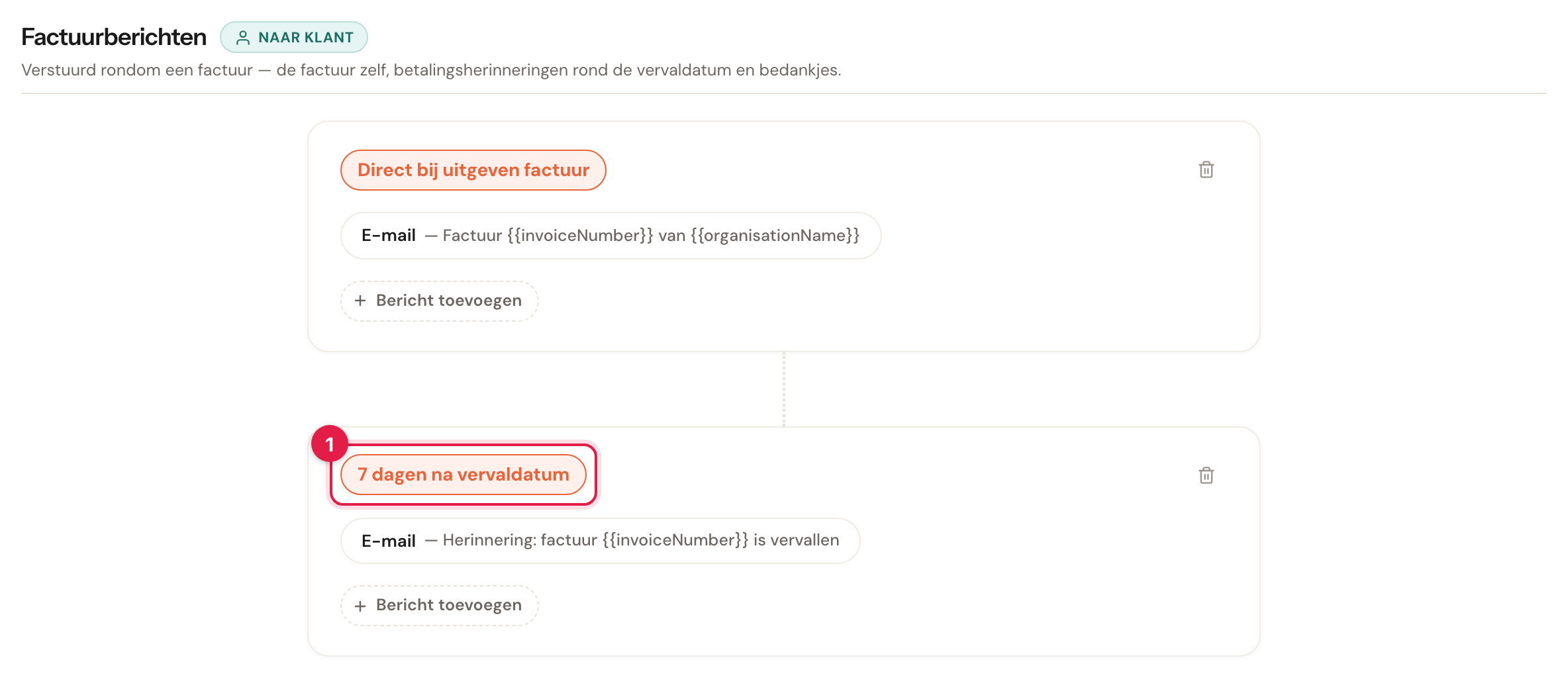 De twee factuurkaarten, met het label 7 dagen na vervaldatum gemarkeerd.