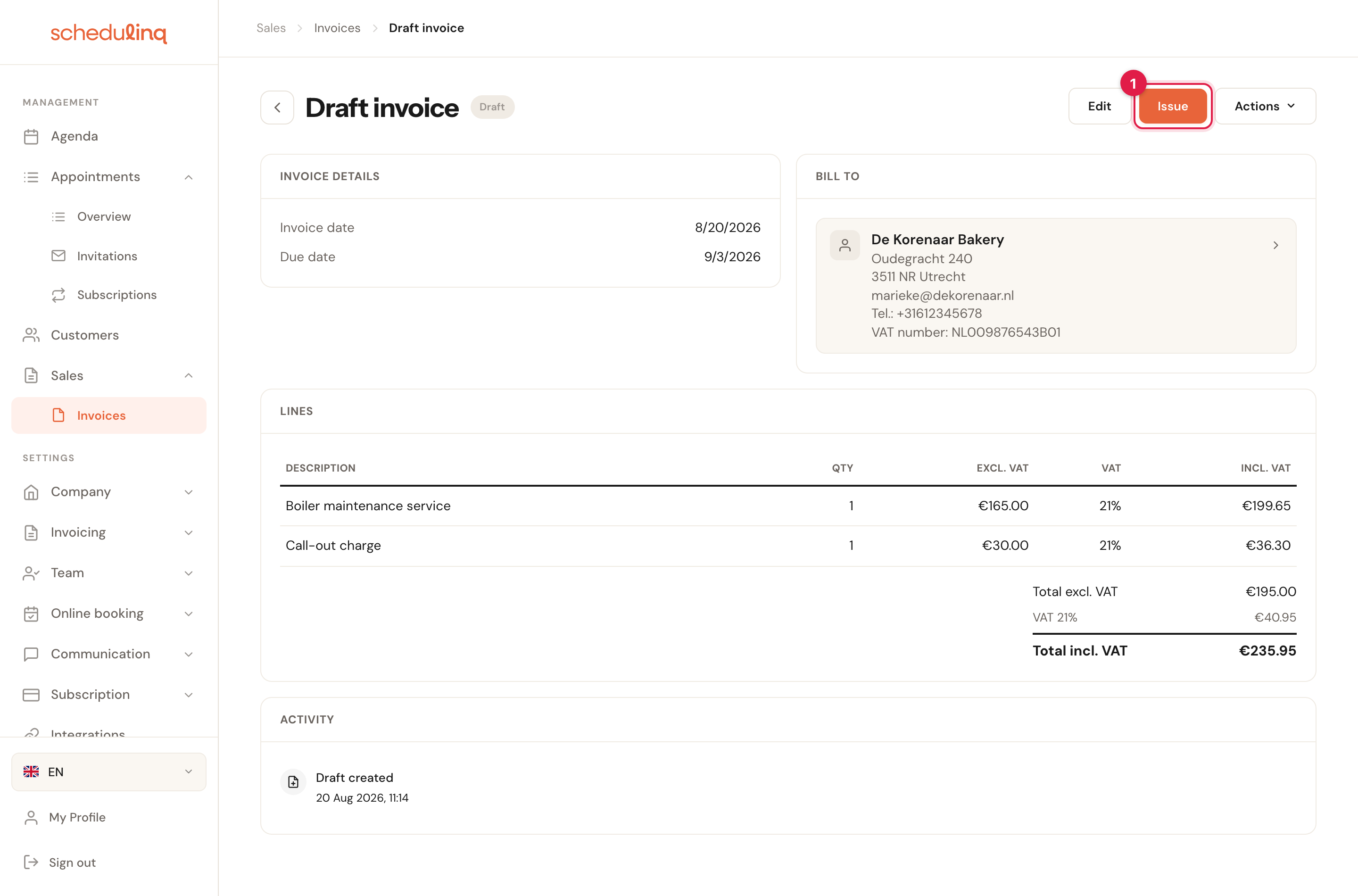 A draft invoice with Edit, Issue and Actions at the top right.