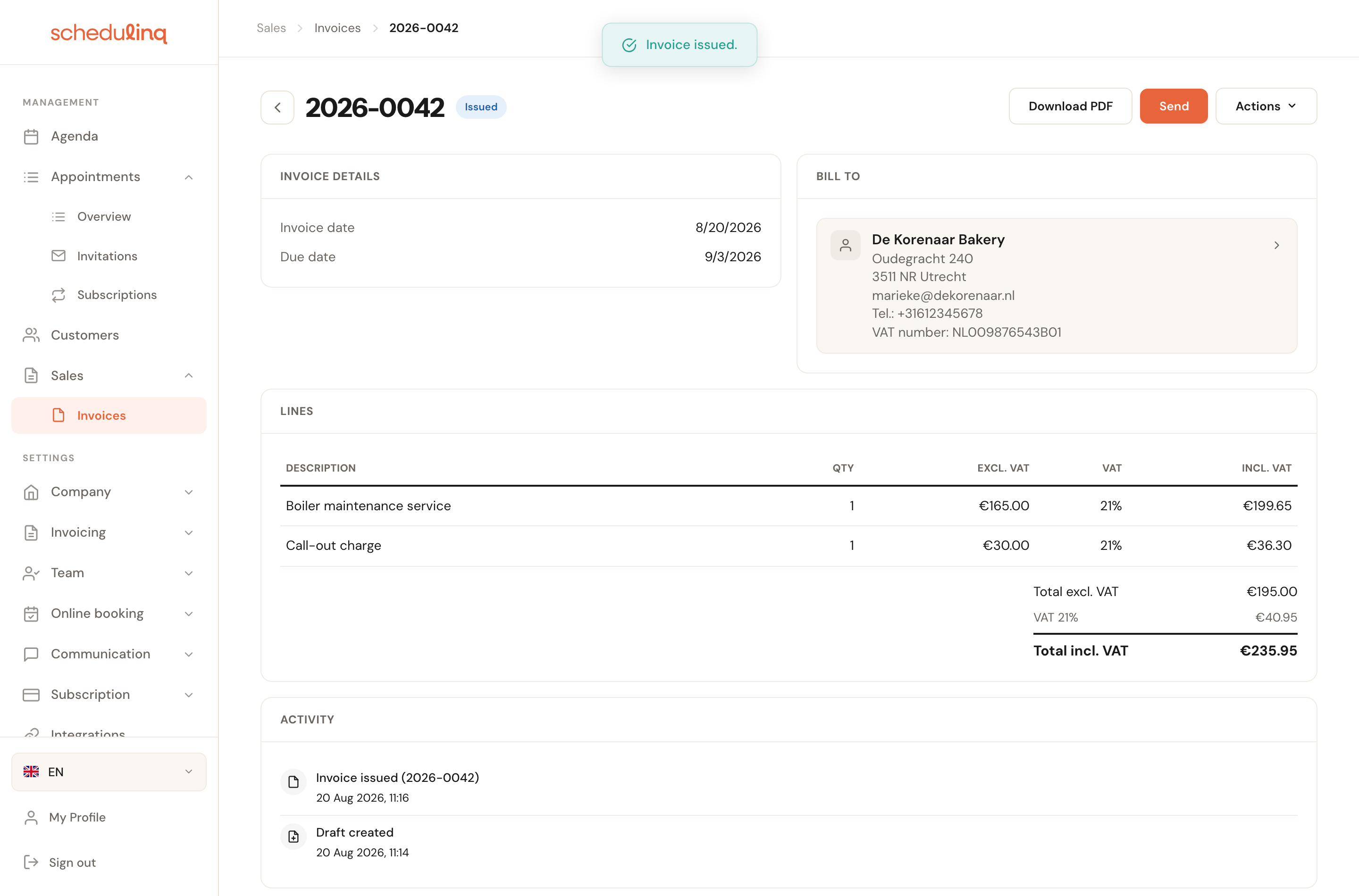 The same invoice, now numbered 2026-0042 with the status Issued.