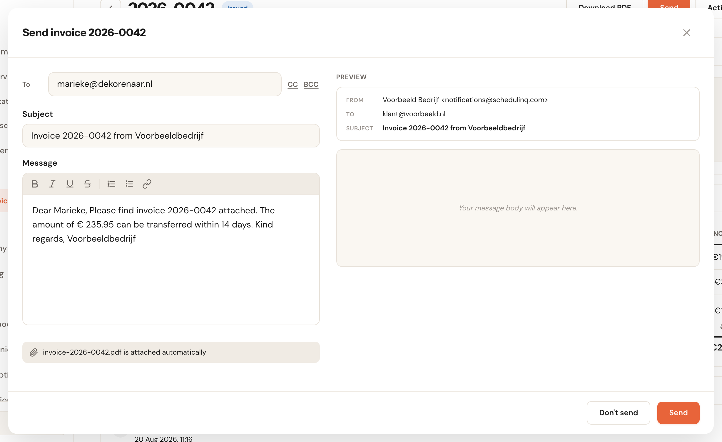 The send window with To, CC, BCC, Subject and Message fields, and a preview on the right.