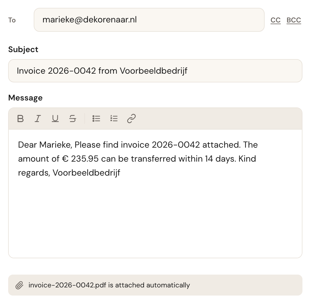 Below the message field: invoice-2026-0042.pdf is attached automatically.