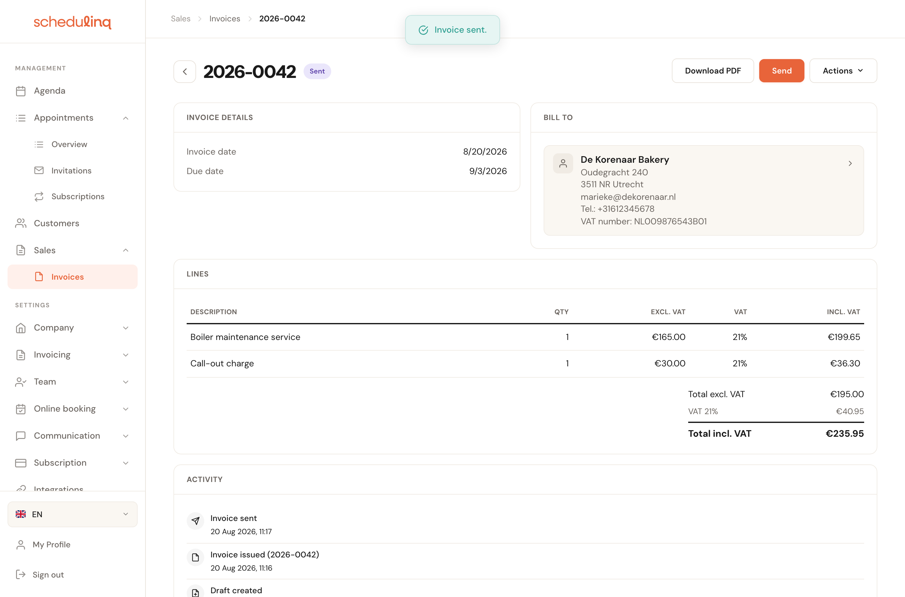 The invoice is now Sent and the activity list shows the sent email.
