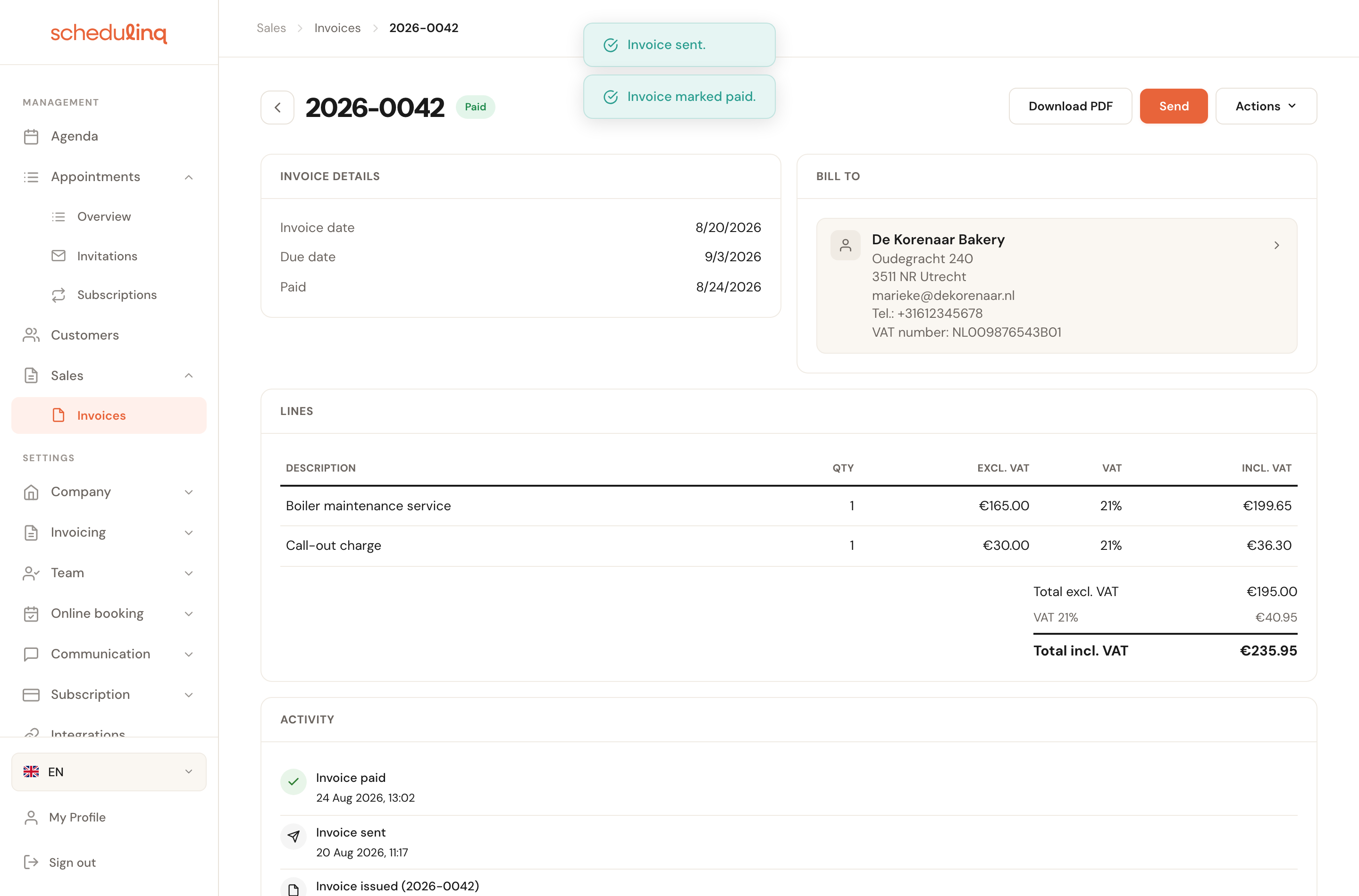 The invoice is Paid, showing the payment date and a full activity list.