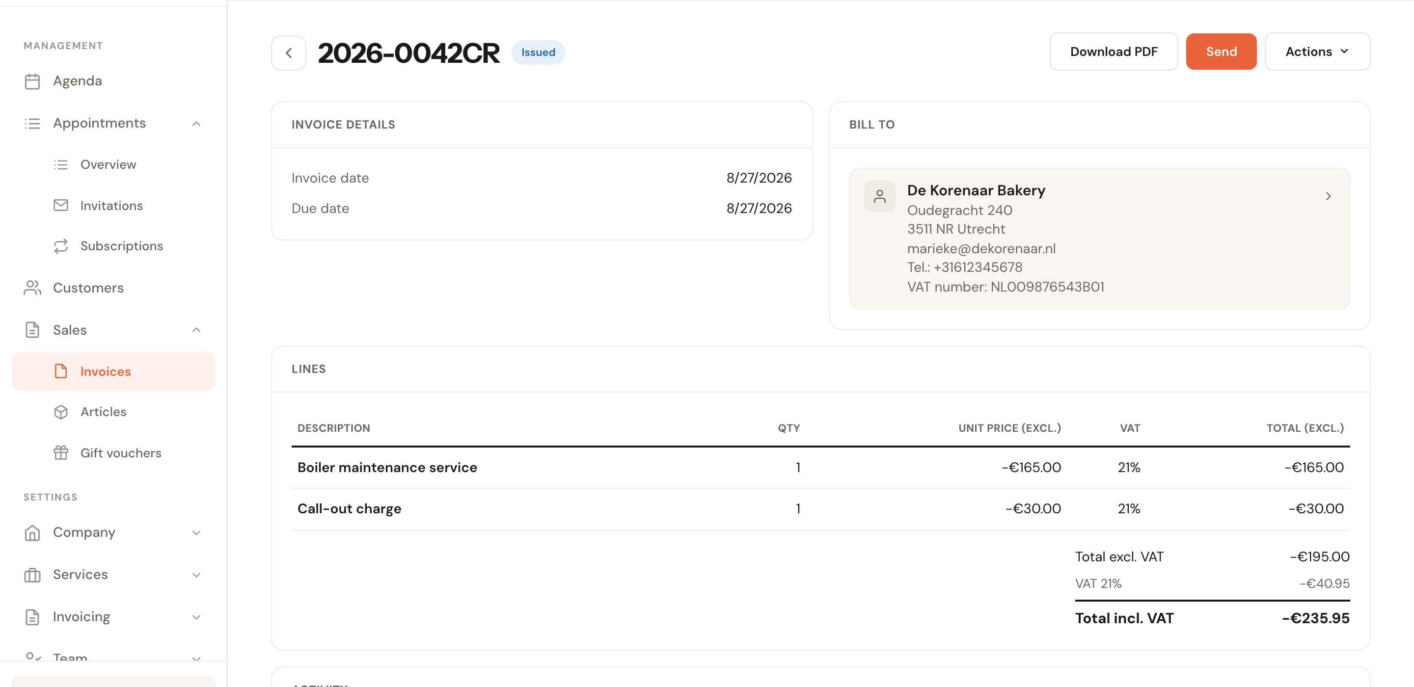 The credit note 2026-0042CR, Issued, with negative amounts and the buttons Download PDF, Send and Actions.