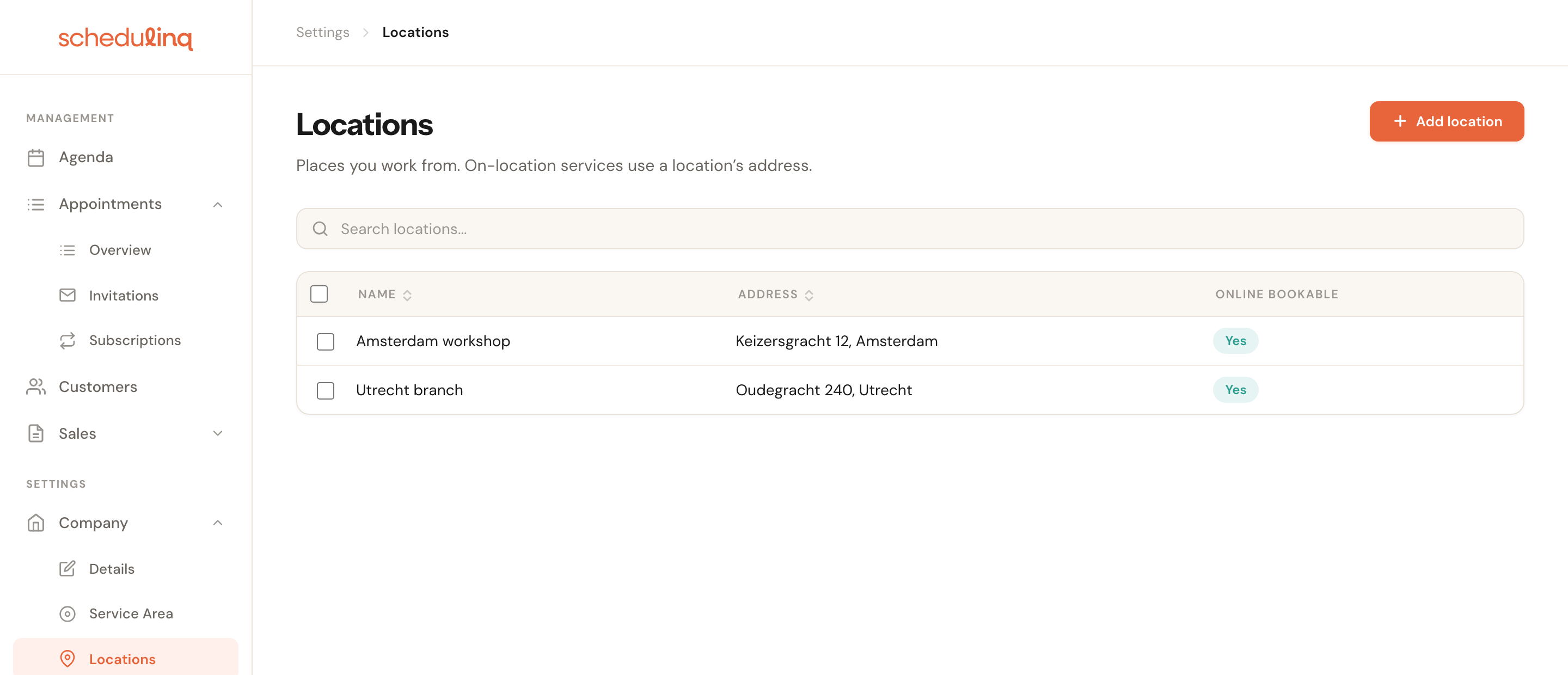 The Locations overview with two locations, their address and the Online bookable column.