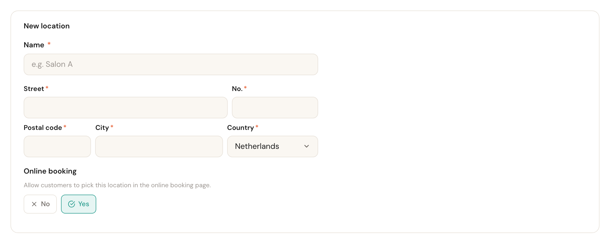 The empty New location form with fields for name, address and online booking.