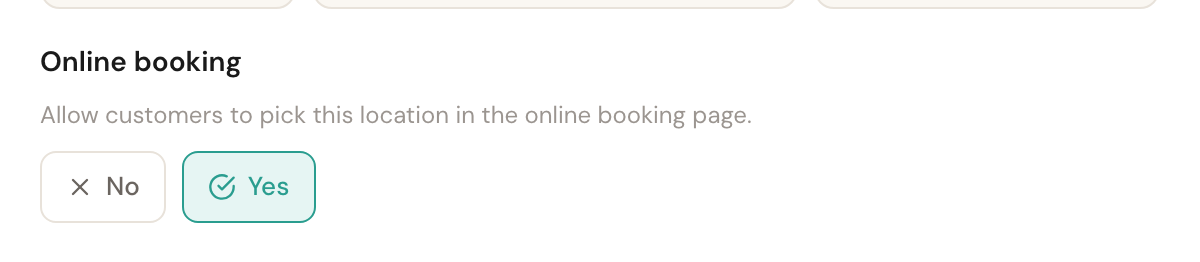 The Online booking choice with Yes selected.