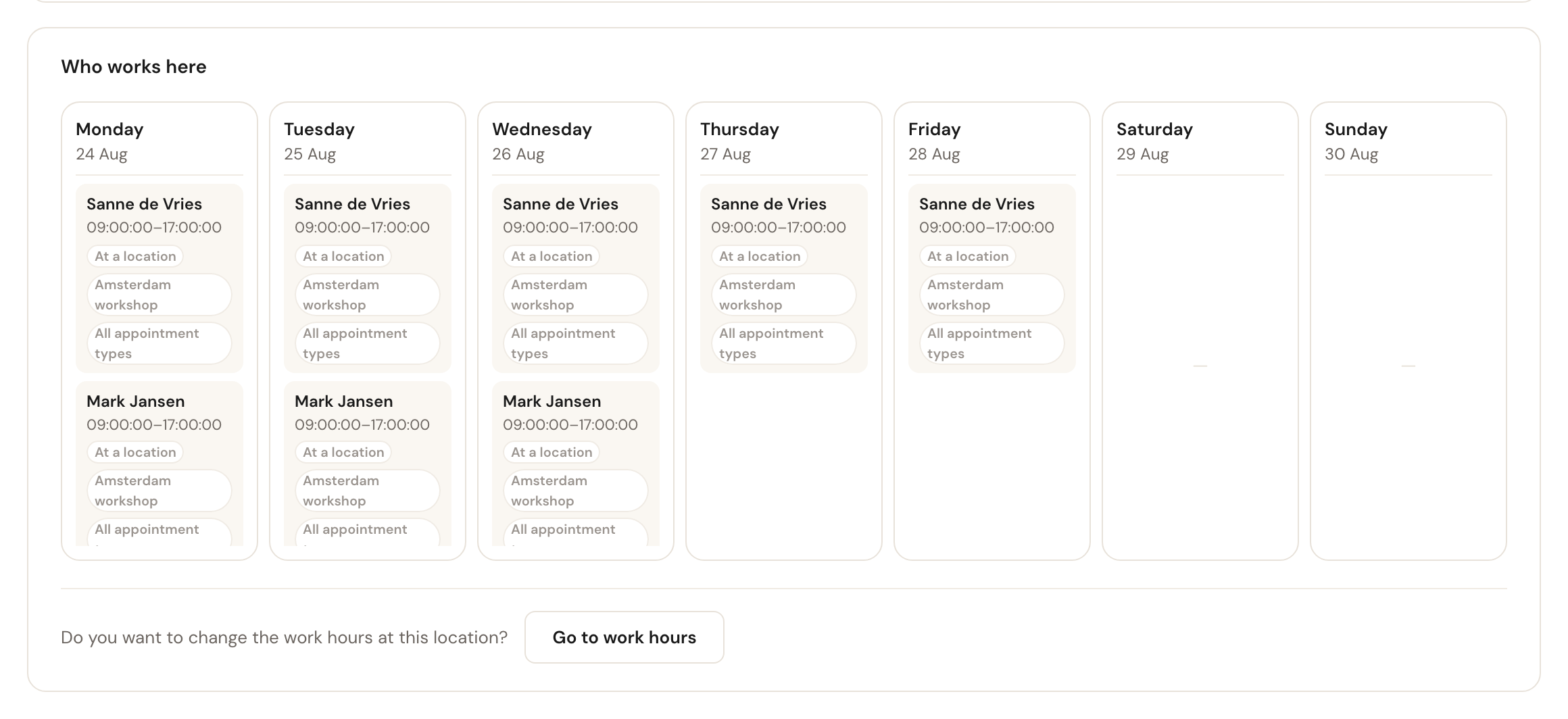 The Who works here block showing this week's roster for two staff members at this location.