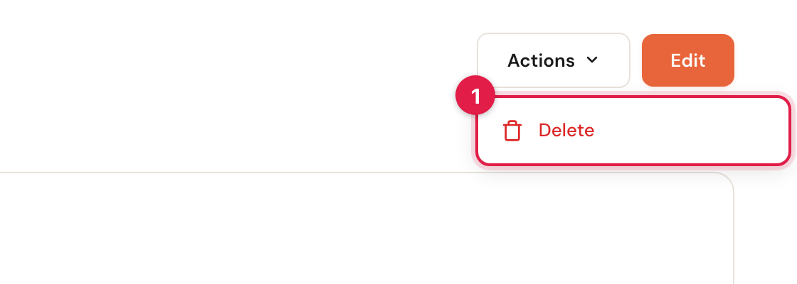 The Actions menu opened with the Delete option.