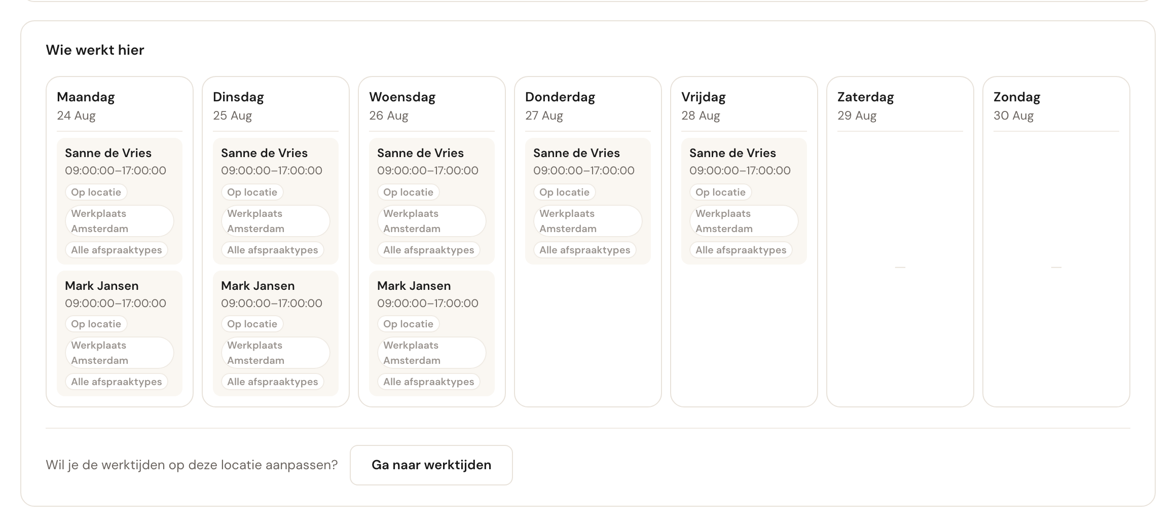 Het blok Wie werkt hier met het weekrooster van twee medewerkers op deze locatie.