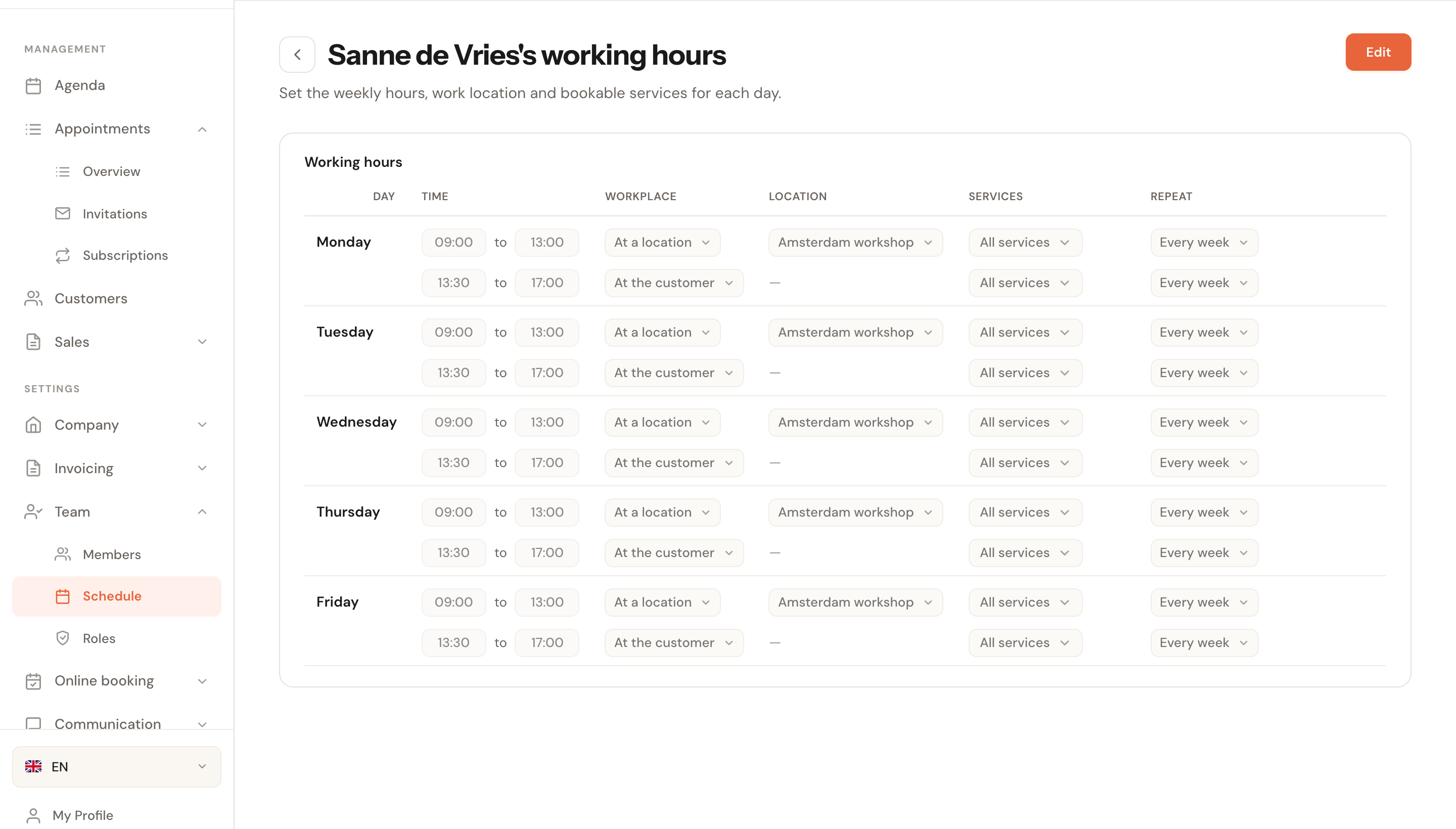 One person's working hours with two blocks per day: mornings at a location in the workshop, afternoons at the customer.