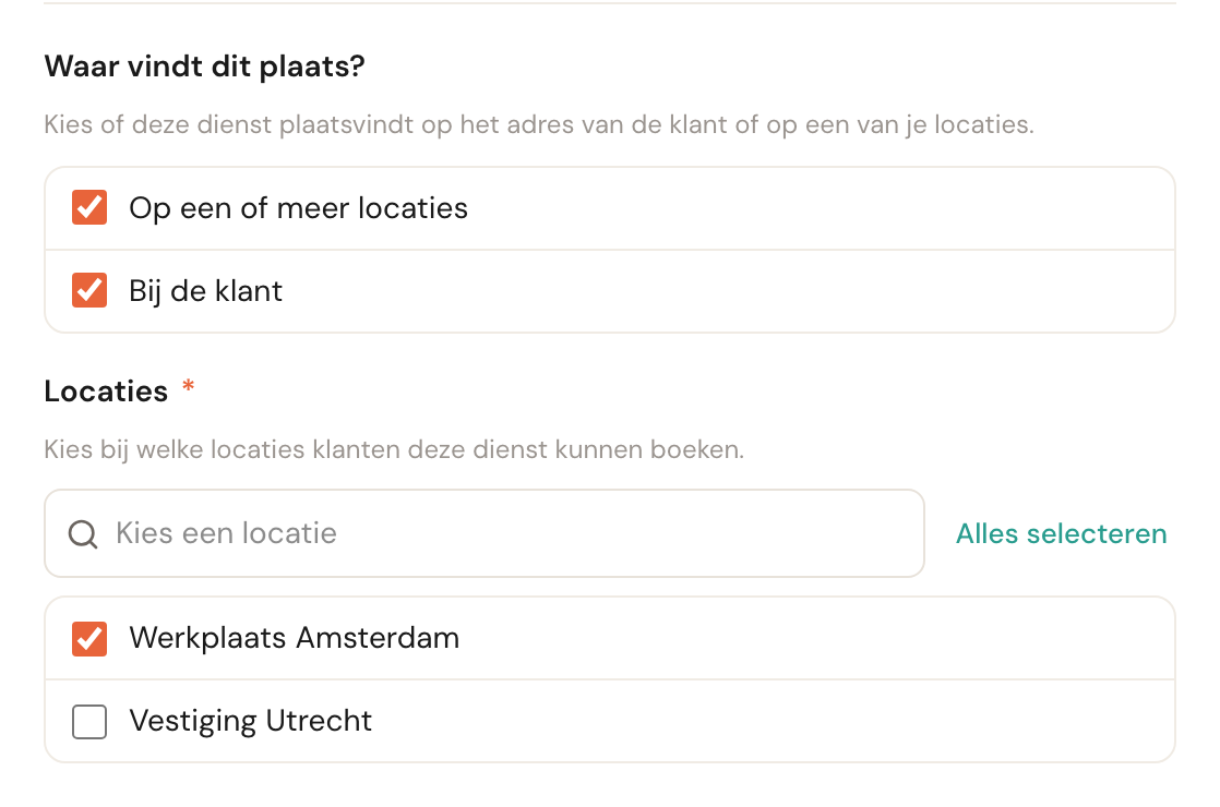 Beide opties aangevinkt, met daaronder de lijst met locaties waarvan er één is gekozen.