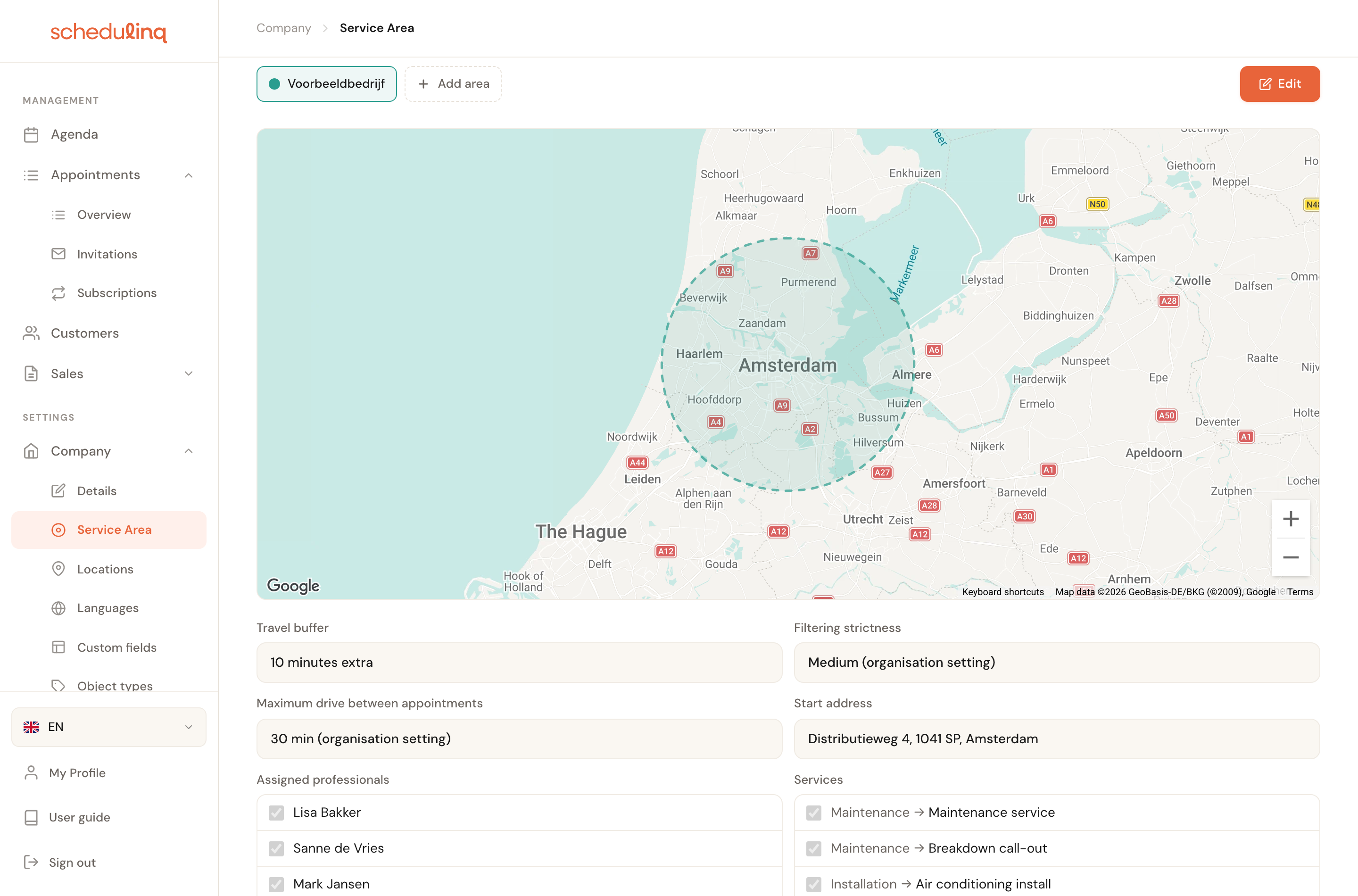 The Service Area page with one area, Voorbeeldbedrijf, as a chip above the map, Add area beside it and Edit at the top right; under the map the area's settings.