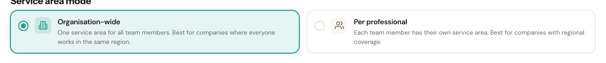 The choice between Organisation-wide and Per professional, with Per professional selected.