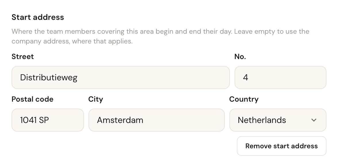 The Start address block with street, number, postal code, city and country filled in, its explanation above, and a Remove start address button.