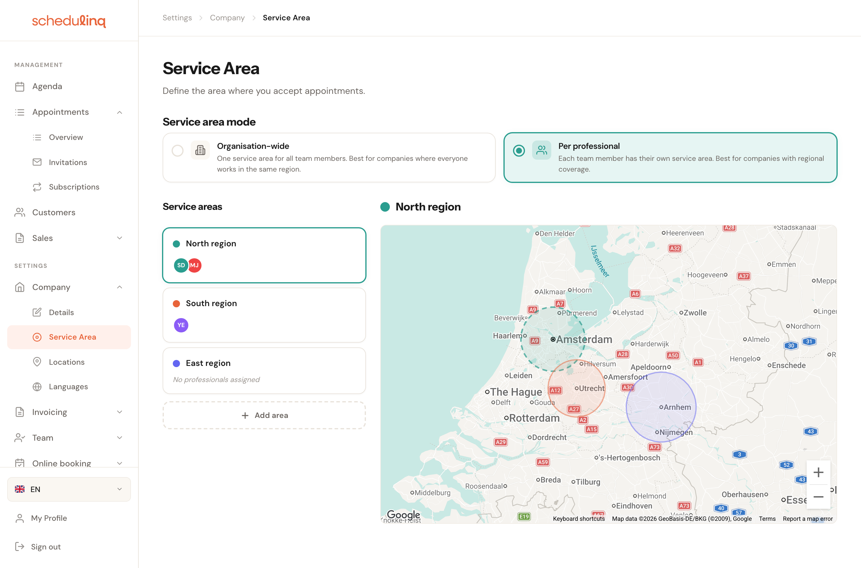 Three service areas listed on the left, the selected one dashed on the map and the other two shown as overlays.