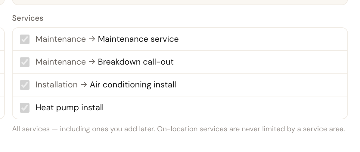 The Services block of an area without restriction: every service ticked, with a note that this includes services you add later.