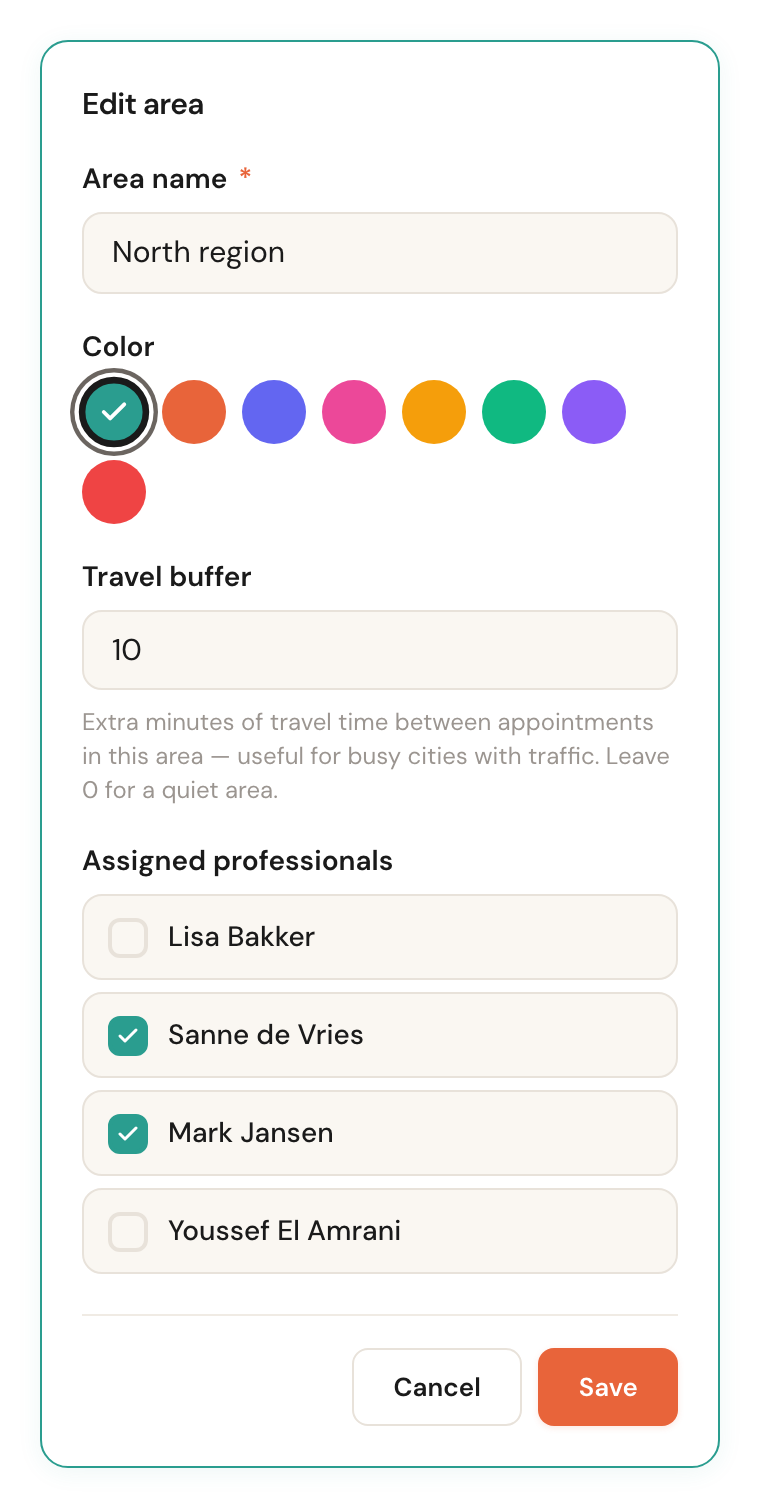 The area edit form with name, colour picker and the list of professionals.