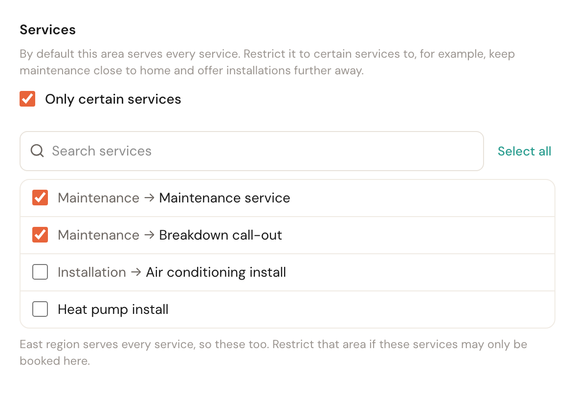 The Services block with Only certain services ticked, two maintenance services selected, and a note that East region serves every service.