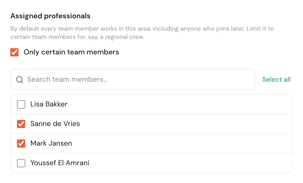 The Assigned professionals block with Only certain team members ticked and two of the four team members selected.