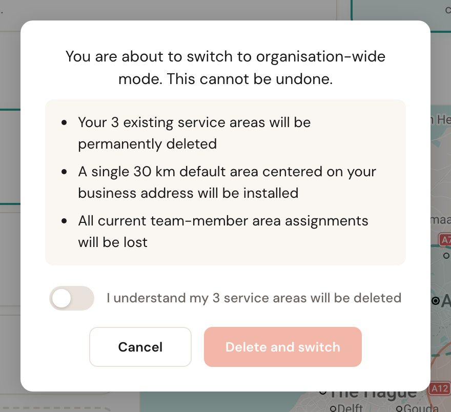 The confirmation for switching to organisation-wide, with a toggle you must turn on first.