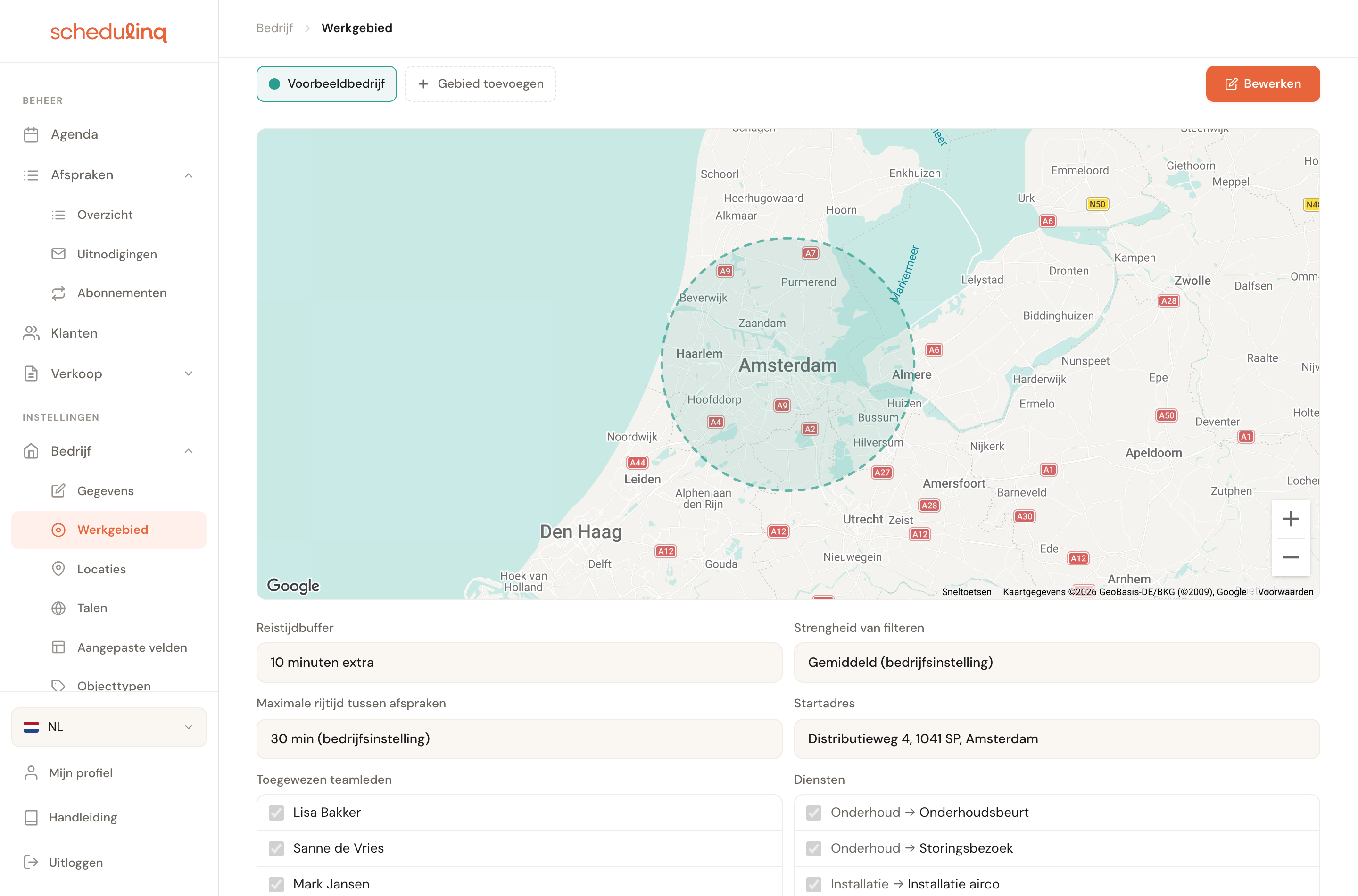 De pagina Werkgebied met één gebied, Voorbeeldbedrijf, als knop boven de kaart, Gebied toevoegen ernaast en Bewerken rechtsboven; onder de kaart de instellingen van het gebied.