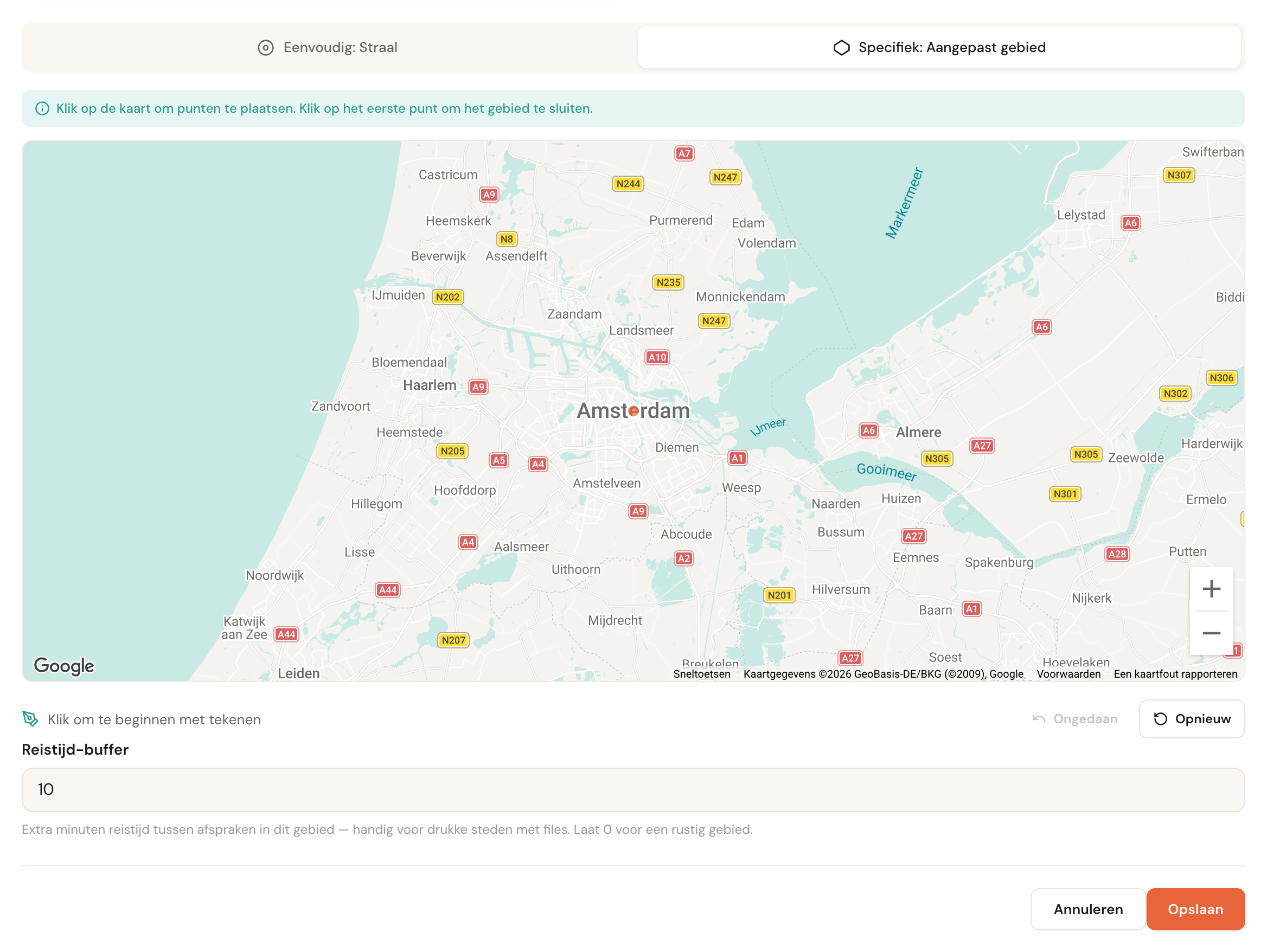 Het tabblad Aangepast gebied met de teken-instructies boven de kaart.