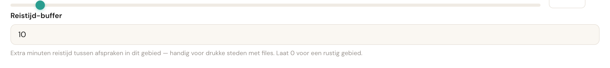 Het veld Reistijd-buffer met de waarde 10 en de uitleg eronder.