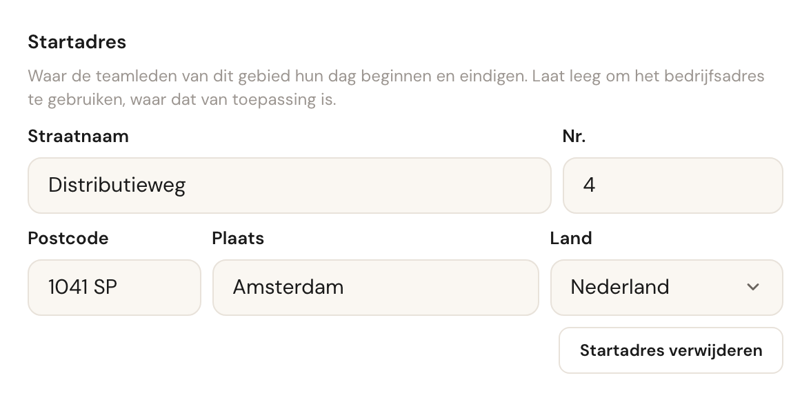 Het blok Startadres met straat, nummer, postcode, plaats en land ingevuld, de uitleg erboven en een knop Startadres verwijderen.