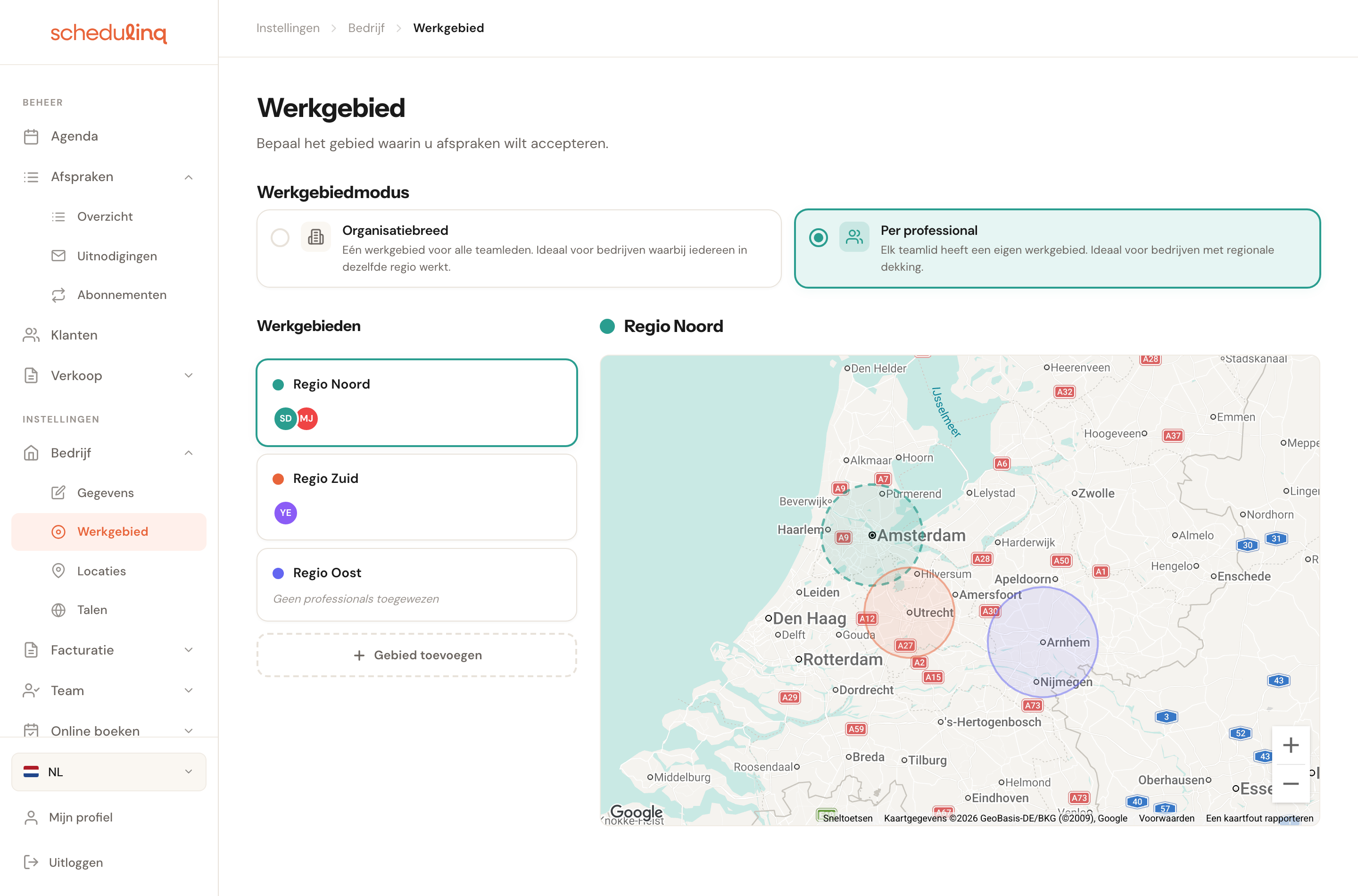 Drie werkgebieden in de lijst links, met de gekozen regio gestippeld op de kaart en de andere twee als overlay.