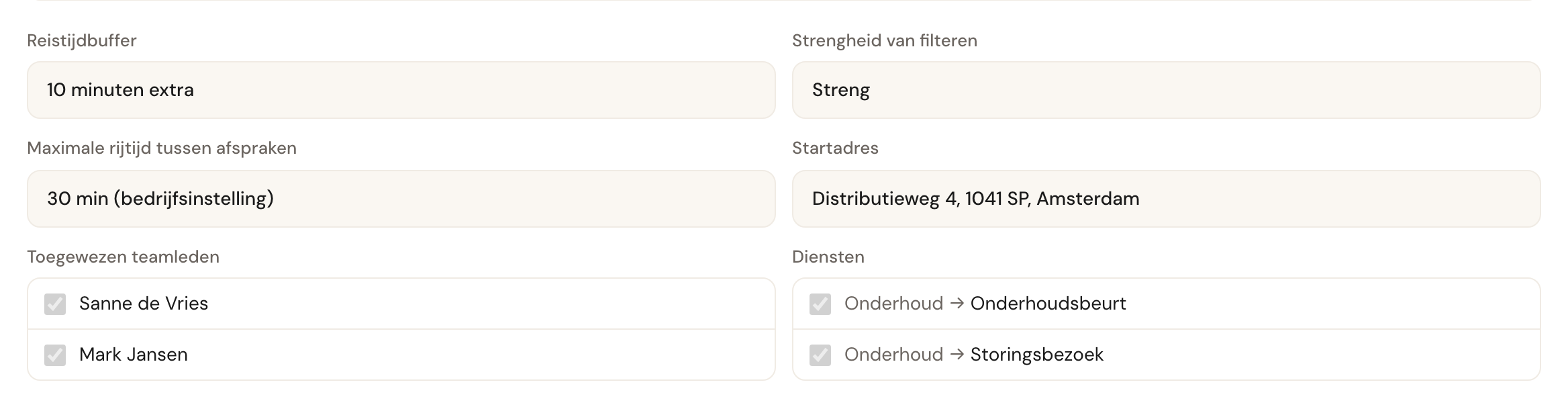 Het overzicht van het gebied Onderhoud Amsterdam: de instellingen, de twee toegewezen teamleden en de twee diensten die het bedient.