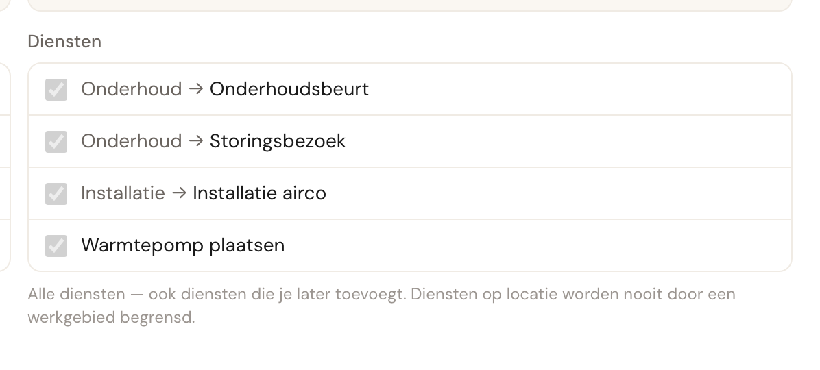 Het blok Diensten van een gebied zonder beperking: alle diensten aangevinkt, met de melding dat dit ook geldt voor diensten die je later toevoegt.