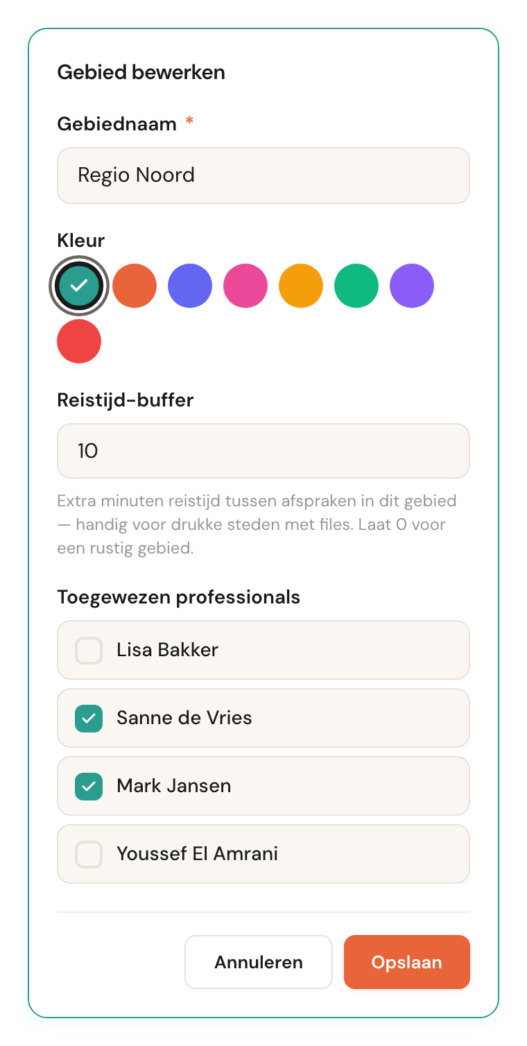 Het bewerkscherm van een gebied met naam, kleurkeuze en de lijst met professionals.