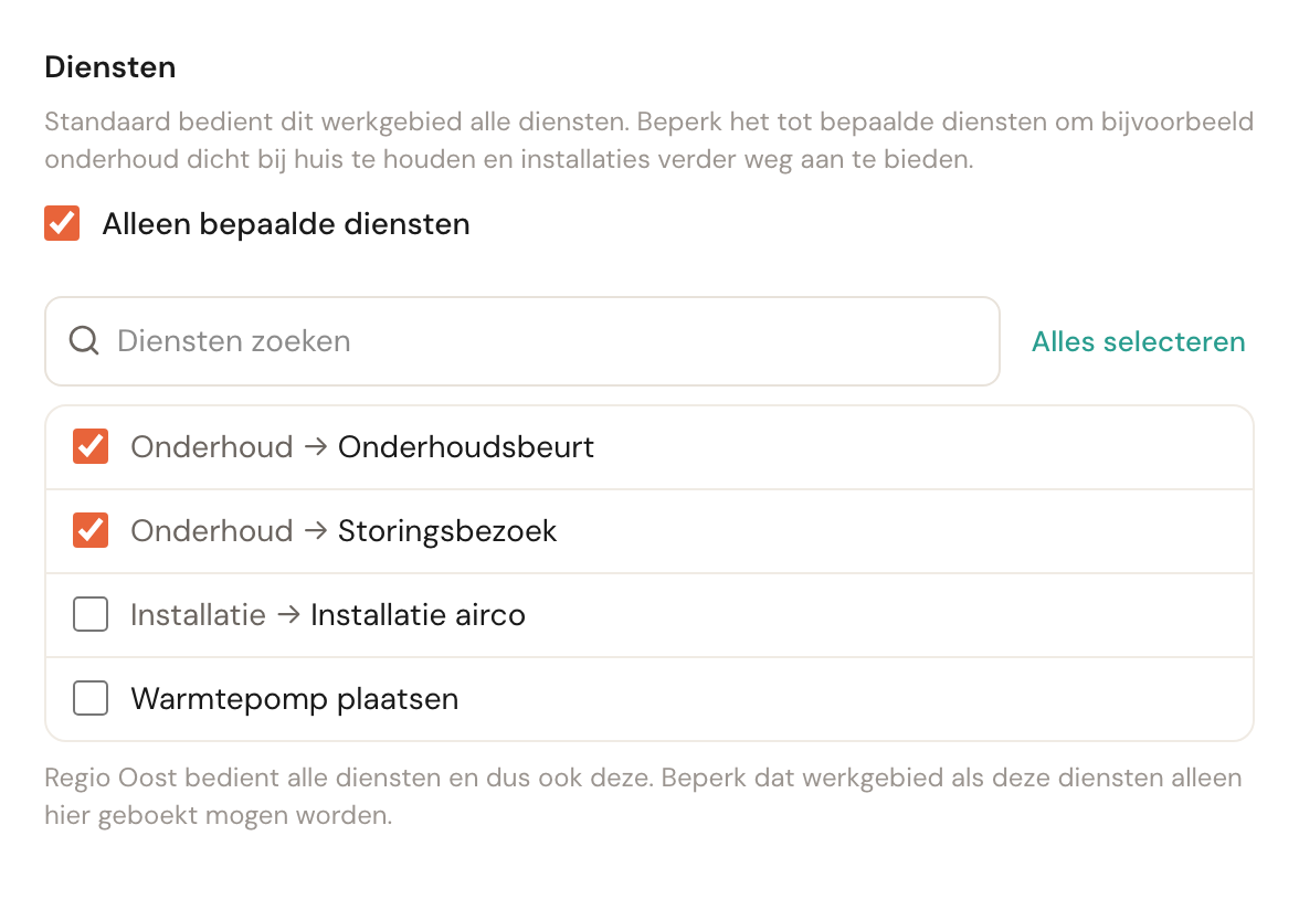 Het blok Diensten met Alleen bepaalde diensten aangevinkt, twee onderhoudsdiensten gekozen en een melding dat Regio Oost alle diensten bedient.