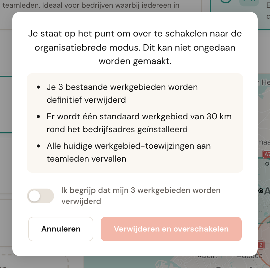 De bevestiging bij het overschakelen naar organisatiebreed, met een checkbox die je eerst moet aanzetten.