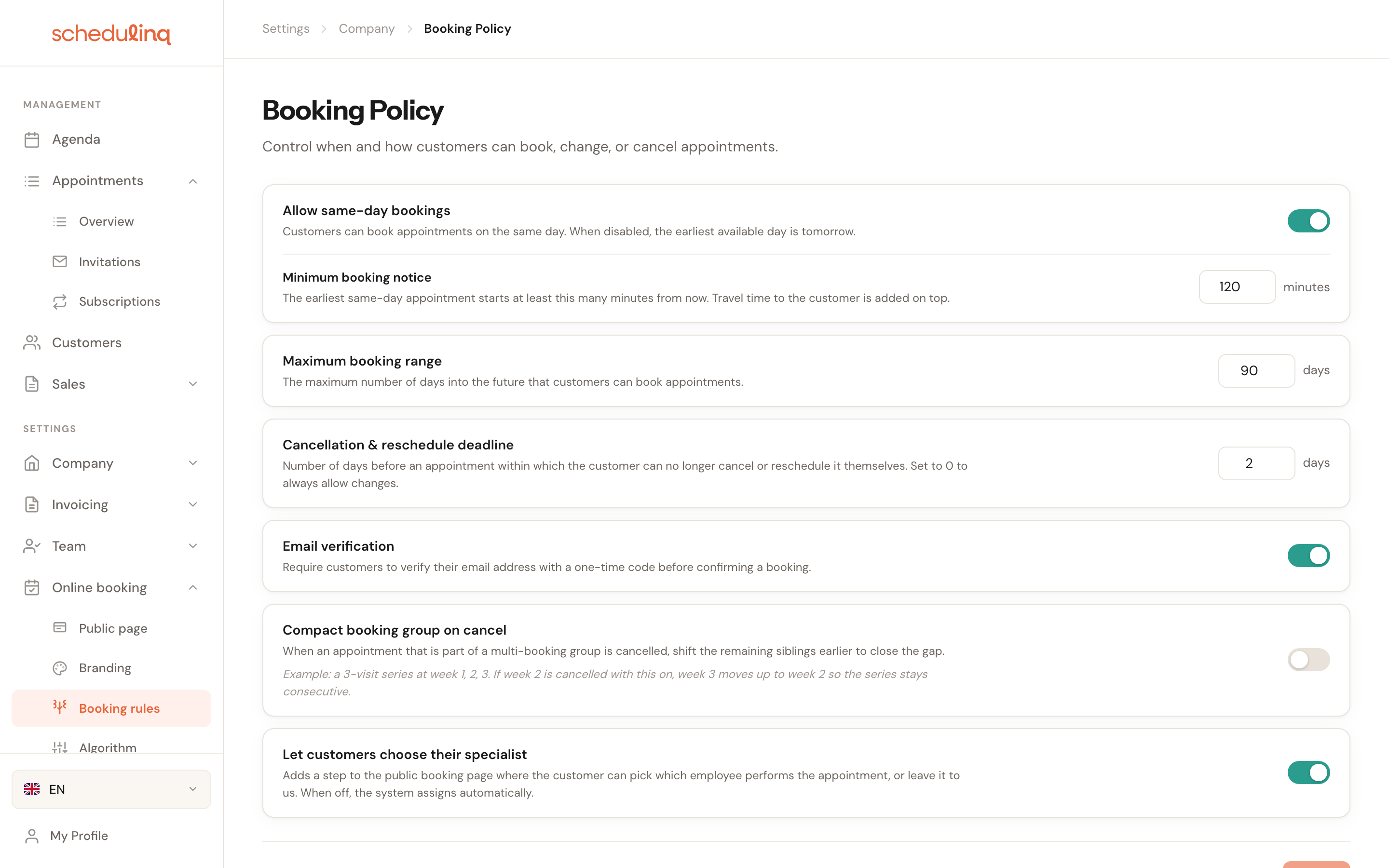 The Booking Policy page with six settings listed underneath each other.
