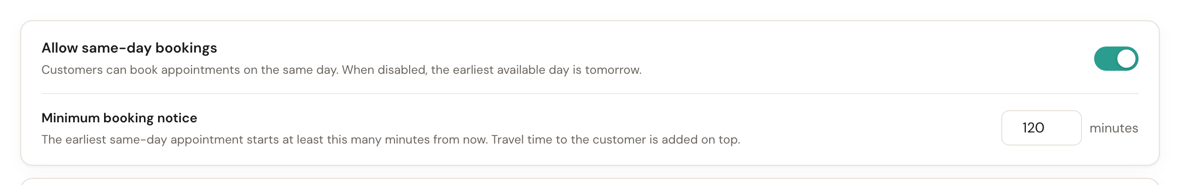 The Allow same-day bookings setting, switched on, with the booking notice beneath it.