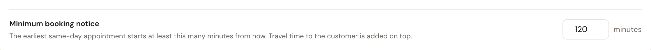 The Minimum booking notice field showing 120 minutes.